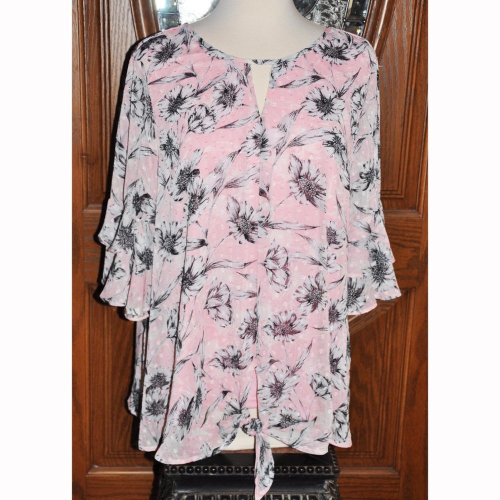 Sara Michelle Pink Charcoal & White Floral Two Layer Flutter Sleeve Sheer Blouse